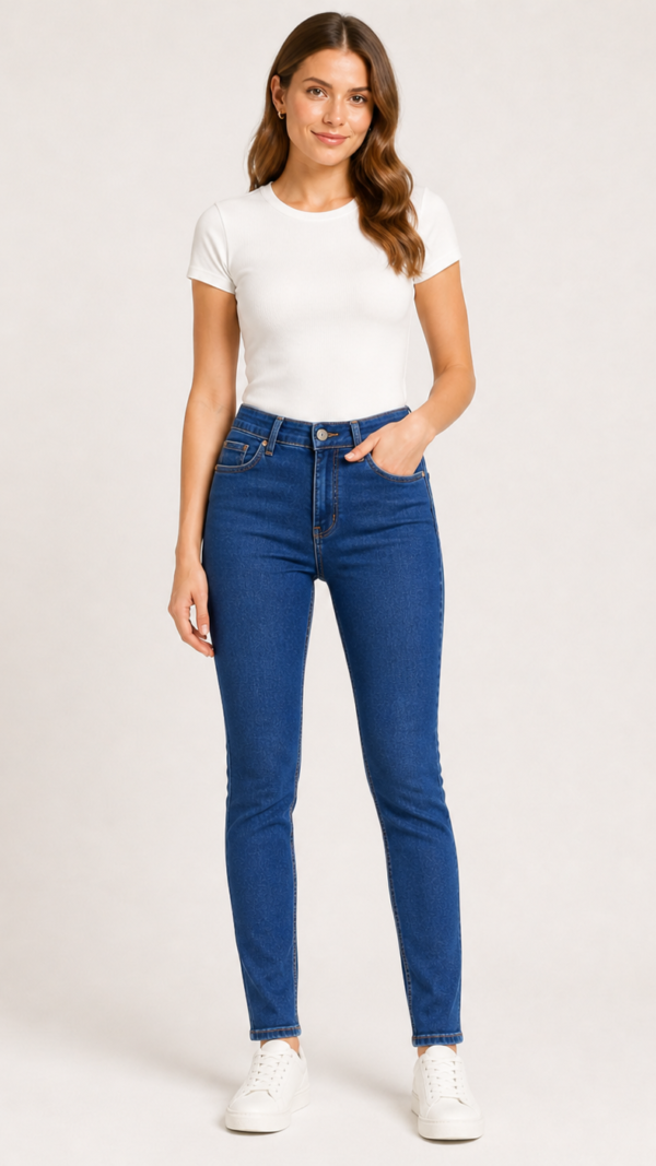 Ženske slim fit farmerke u teget boji, idealne za moderan izgled i celodnevnu udobnost.