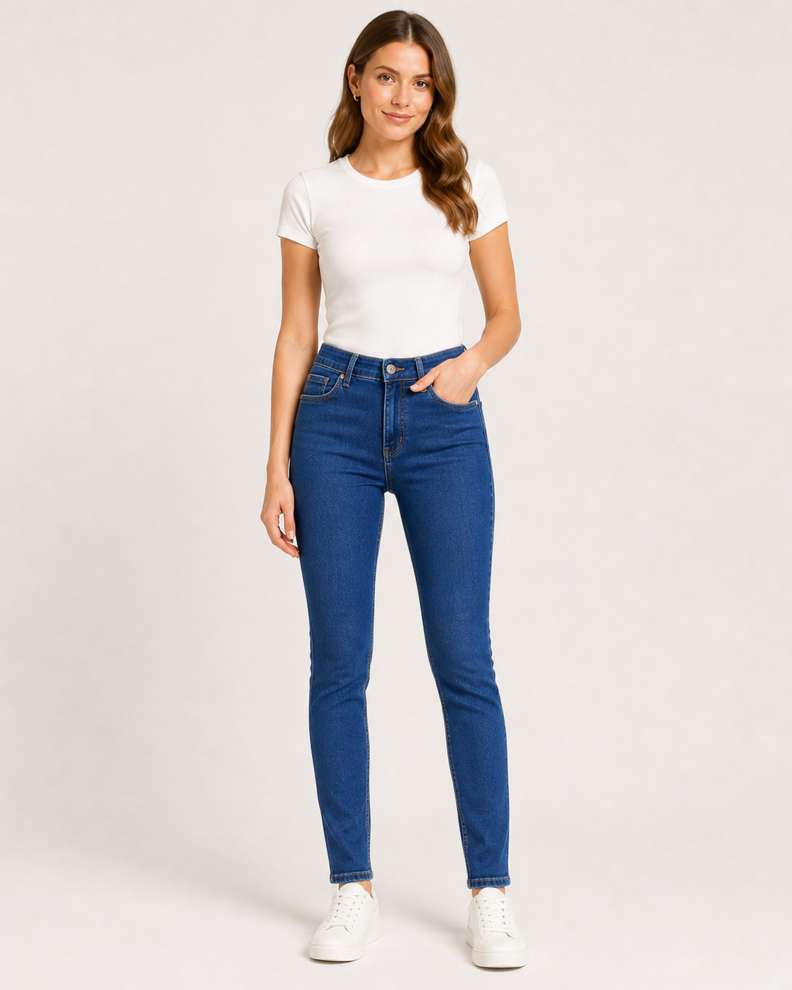 Ženske slim fit farmerke u teget boji, idealne za moderan izgled i celodnevnu udobnost.