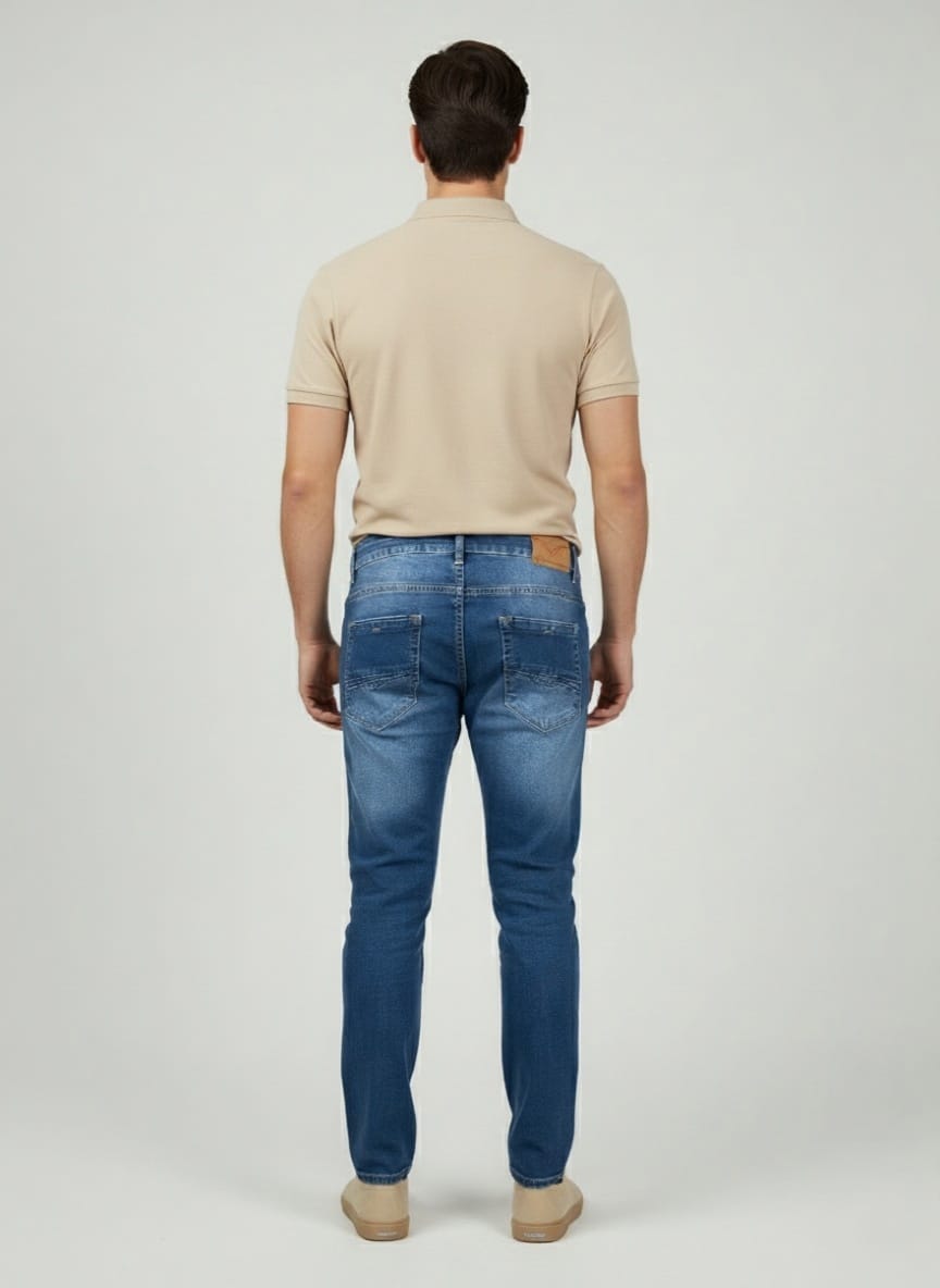 Muške Slim Fit farmerke - Plavi teksas, pogled od pozadi, moderan stil. Muške Slim Fit farmerke - Plavi teksas, pogled od pozadi, moderan stil.