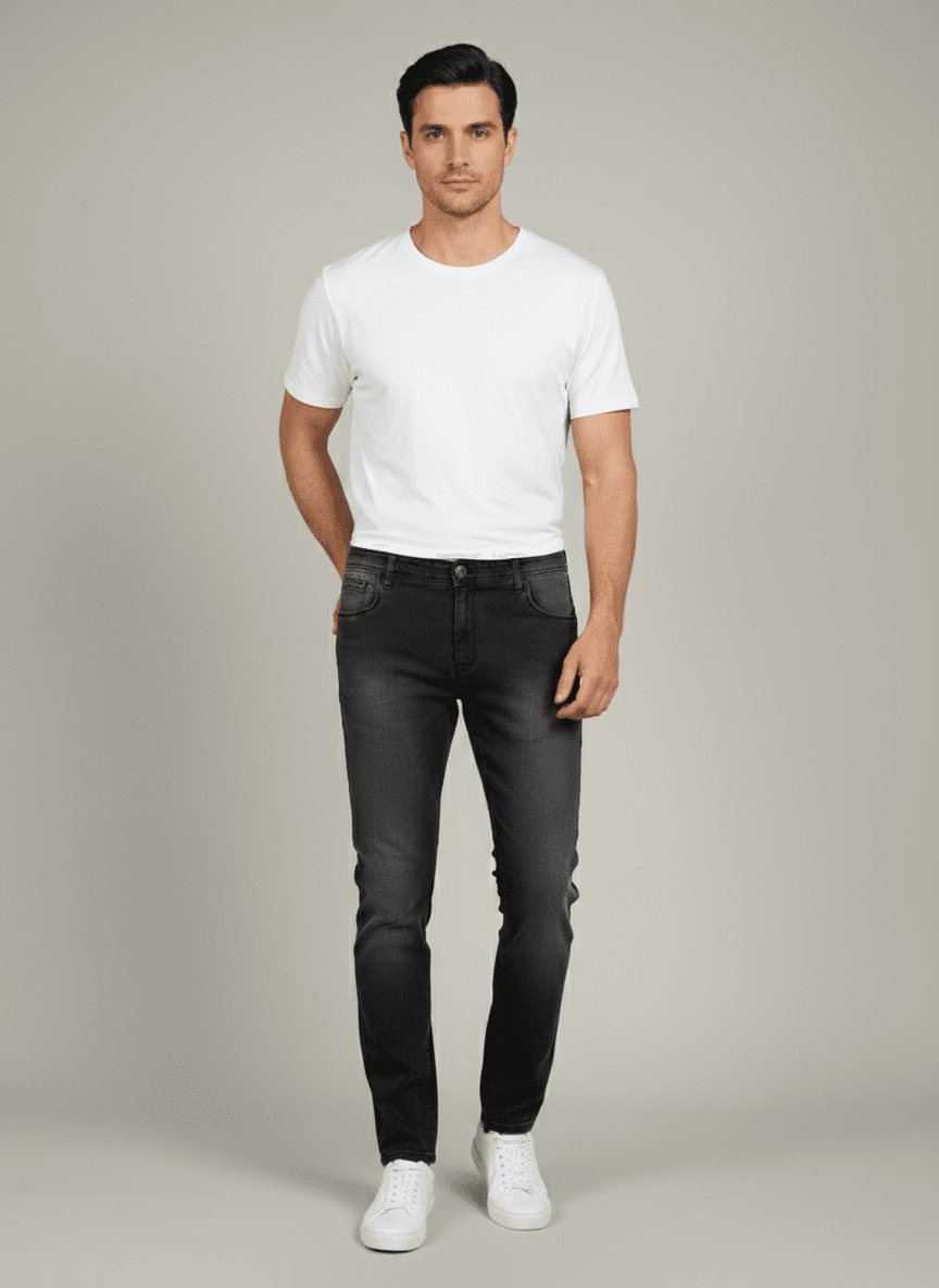 Elit Muške Crne Farmerice - Prednja Strana Muški model nosi crne slim fit farmerice brenda Elit i belu majicu