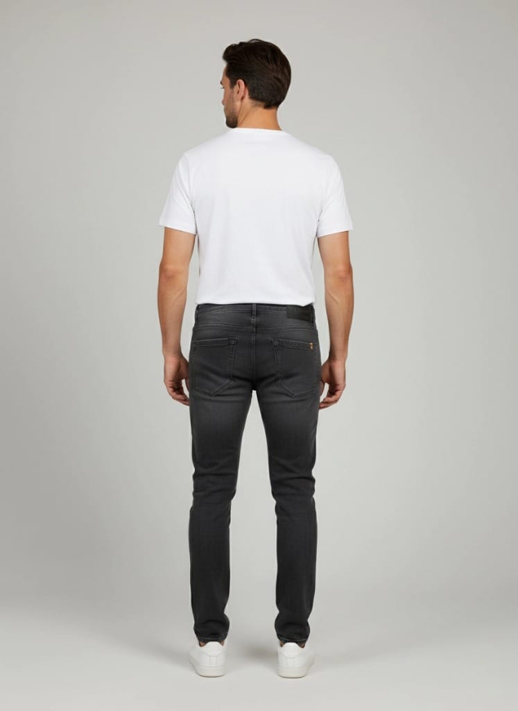 Crne Slim Fit Farmerice - Zadnja Strana Zadnja strana crnih muških slim fit farmerica sa džepovima i etiketom