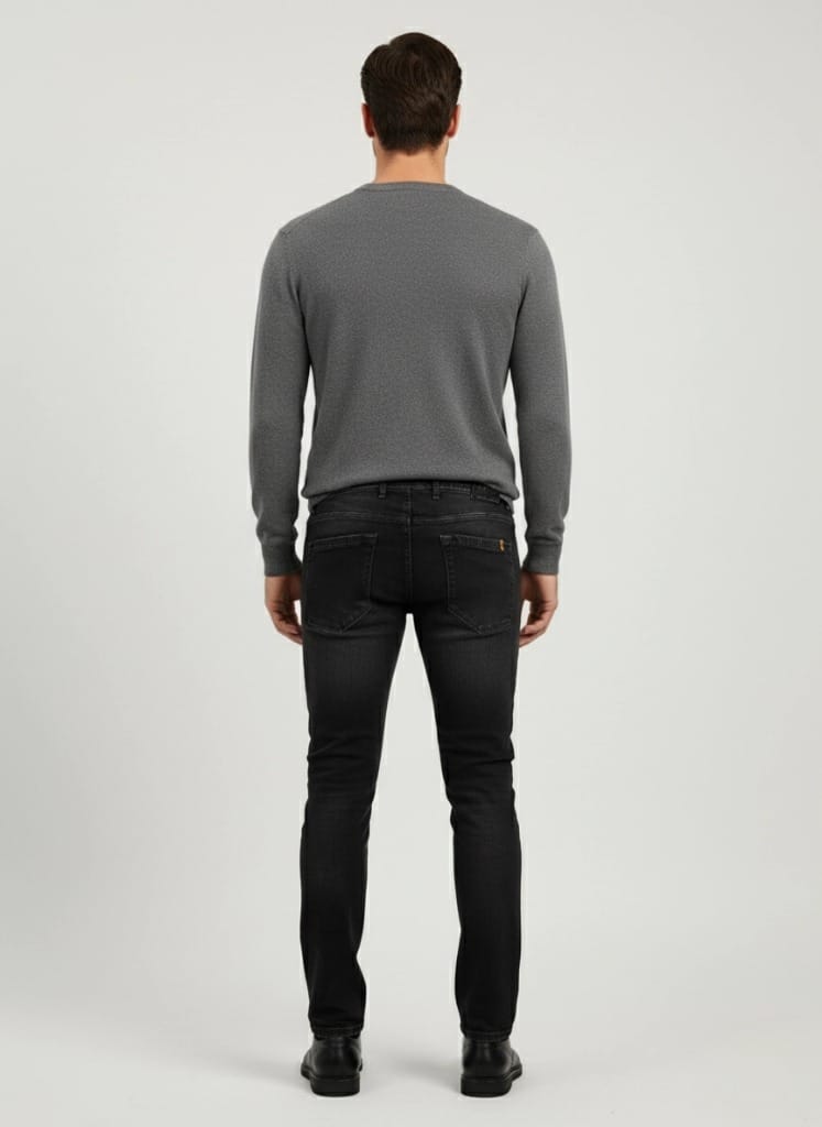 Crne fermerke slim fit Muški model nosi crne slim fit farmerke marke Elit- pogled pozadi.