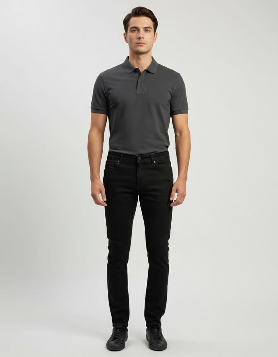 Elit crne muške farmerke slim fit na modelu