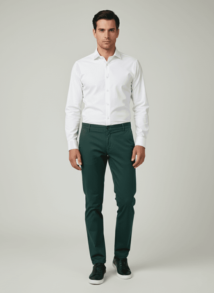 Muške pantalone od kepera - Premium Slim Fit | Elit, zelene pantalone i bela košulja.