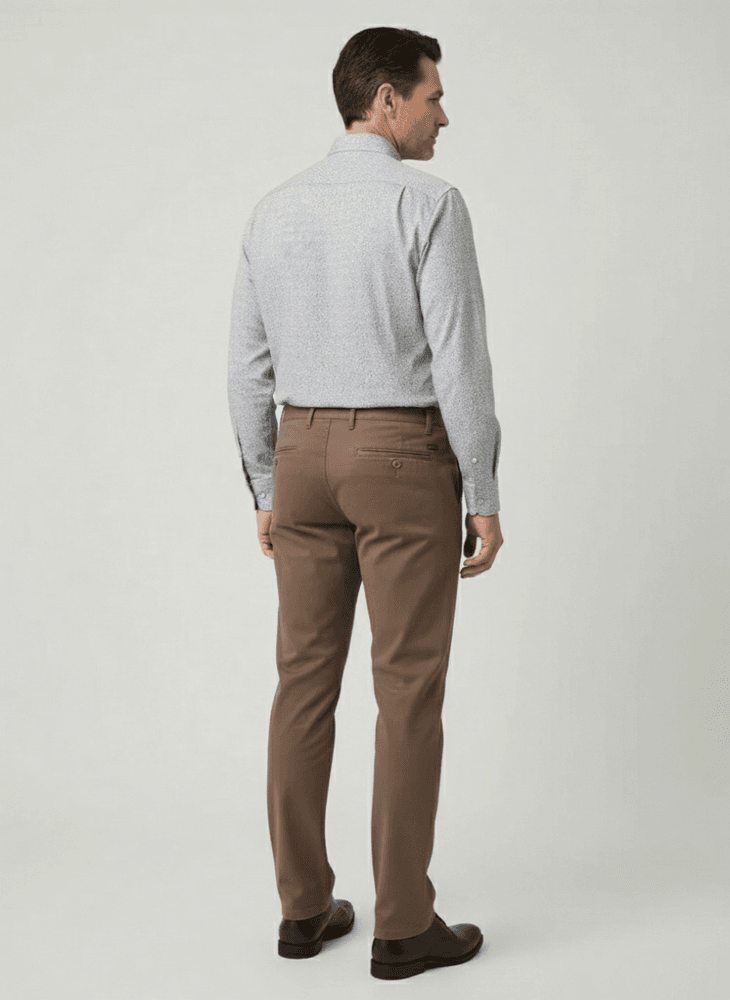 Zadnji pogled na jesenje muške keper pantalone regular fit, braon boje. Elegantne i udobne muške pantalone. Zadnji pogled na jesenje muške keper pantalone regular fit, braon boje. Elegantne i udobne muške pantalone.