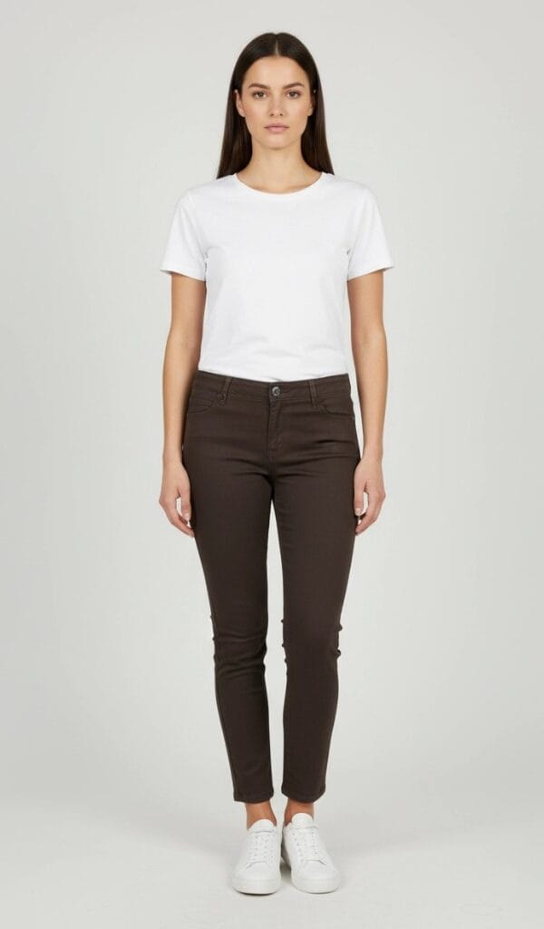 Braon ženske pantalone od kepera Braon ženske pantalone od kepera, slika na modelu