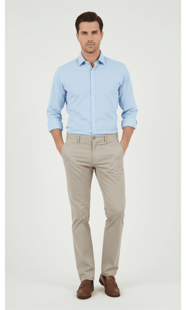 Muškarac u svetlo plavoj košulji i bež letnjim muškim keper pantalonama regular fit kroja.