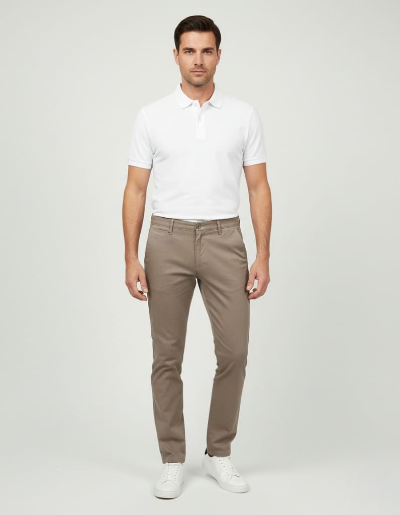 Muške pantalone bež boje i bela polo majica.