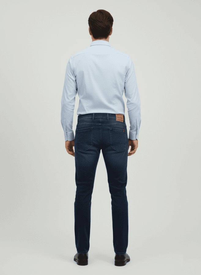 093 i (8) Indigo farmerke slim fit slika na modelu od pozadi