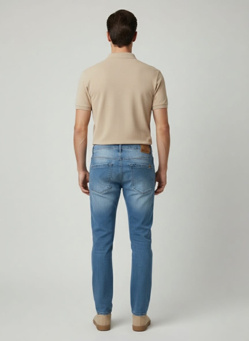 Muški model nosi svetlo plave slim fit farmerke- slika pozadi