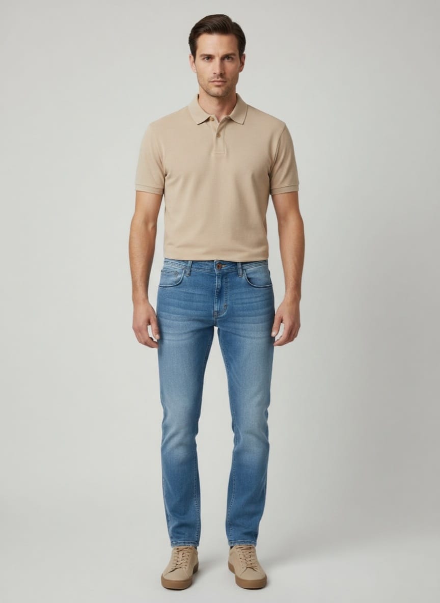 Muški model nosi svetlo plave slim fit farmerke brenda Elit