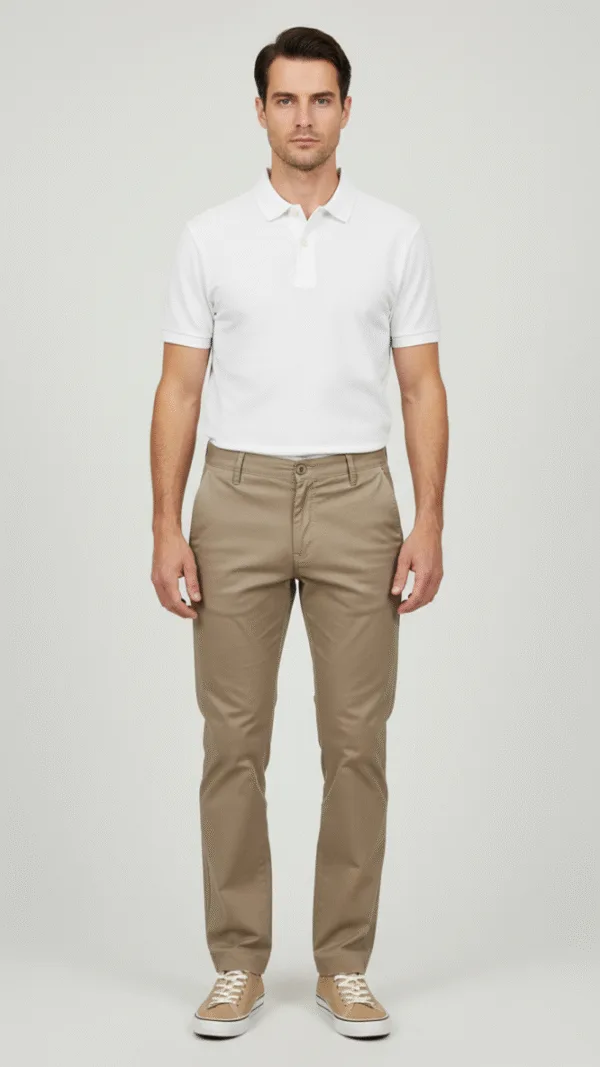 Muški model u bež pantalonama i beloj polo majici.