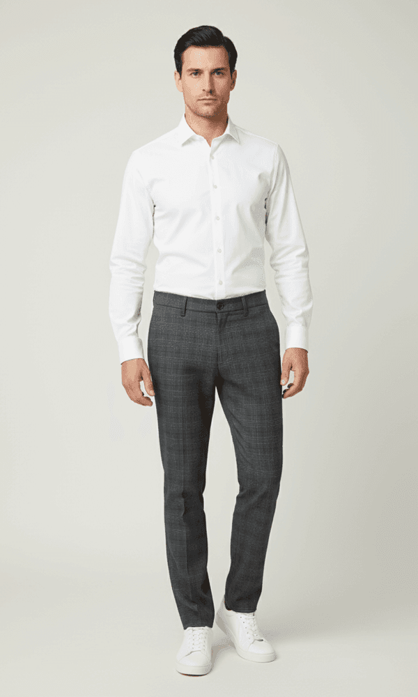 Muškarac u beloj košulji i sivim pantalonama. Elegantna muška moda.
