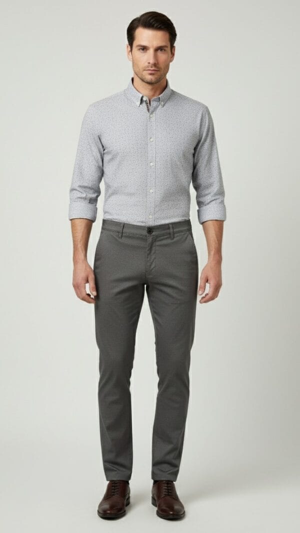 Muškarac u sivoj košulji i pantalonama. Moderna muška odeća.