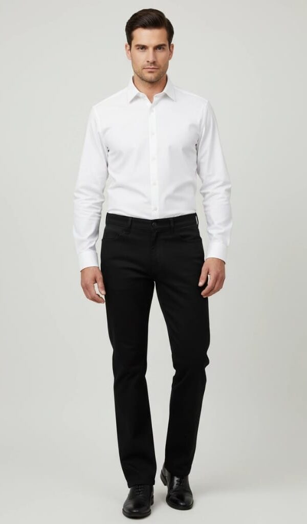 Crne pantalone sa širokom nogavicom na modelu