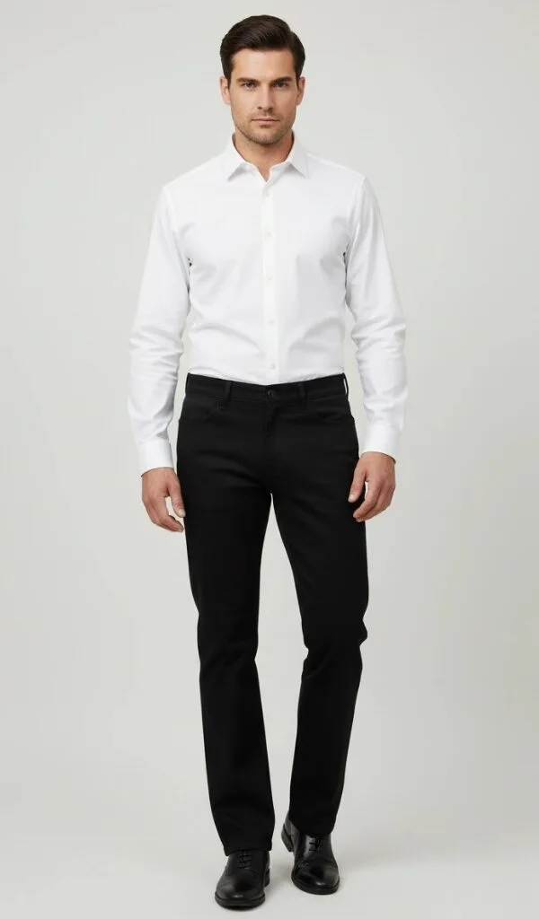 Crne pantalone sa širokom nogavicom na modelu