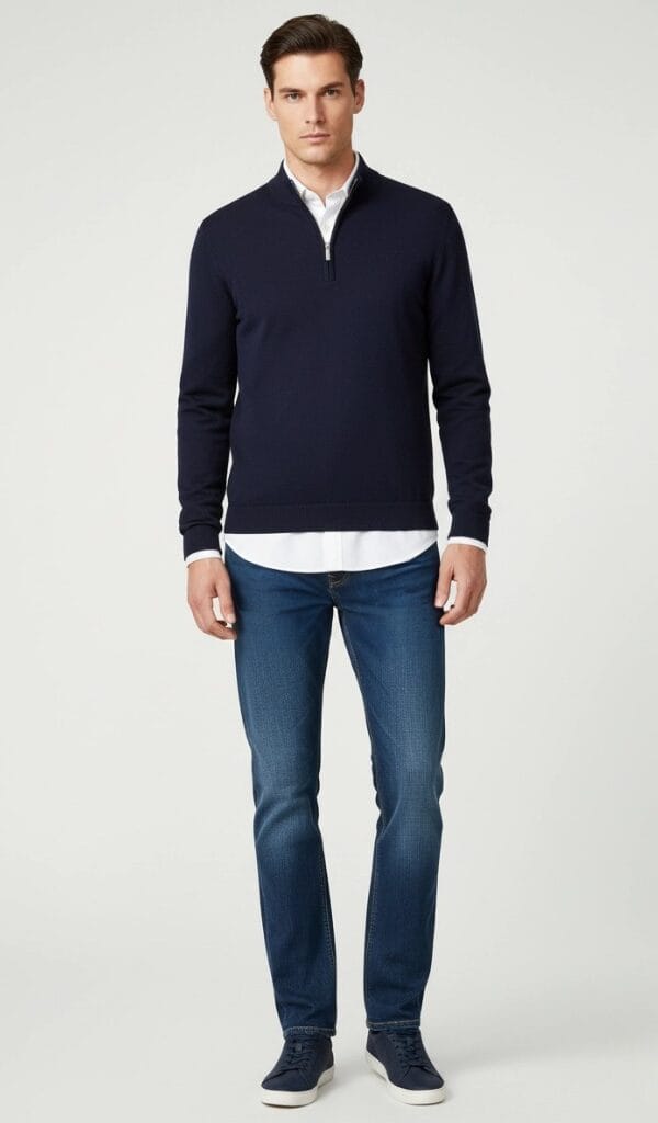 Muškarac u slim fit farmericama od premium pamuka. Produžene muške farmerice, ležeran stil. Muškarac u slim fit farmericama od premium pamuka. Produžene muške farmerice, ležeran stil.