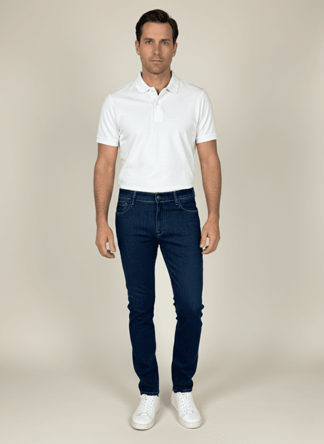 Tamni teksas muške farmerke slim fit Tamni teksas muške farmerke slim fit slika na modelu