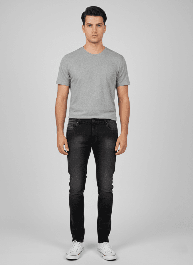 Muške crne farmerke slim fit Muške crne farmerke slim fit, slika na modelu