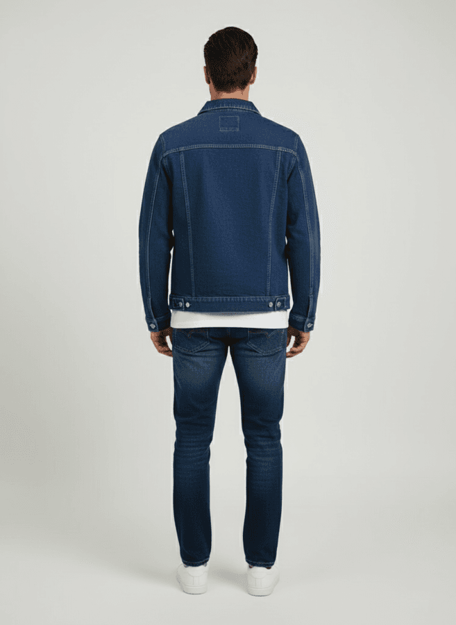 Muška teksas jakna i farmerke, pogled sa leđa.