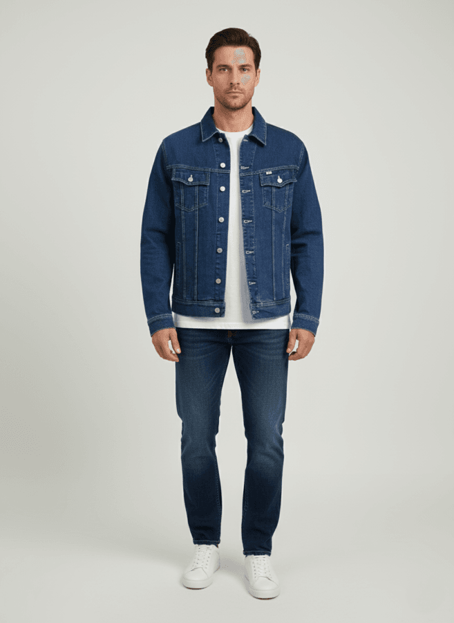 Muškarac u teksas jakni i farmerkama. Nova kolekcija.