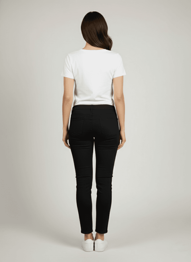 Ženske crne keper pantalone 7/8 Ženske crne keper pantalone 7/8, slika na ženskoj osobi od pozadi