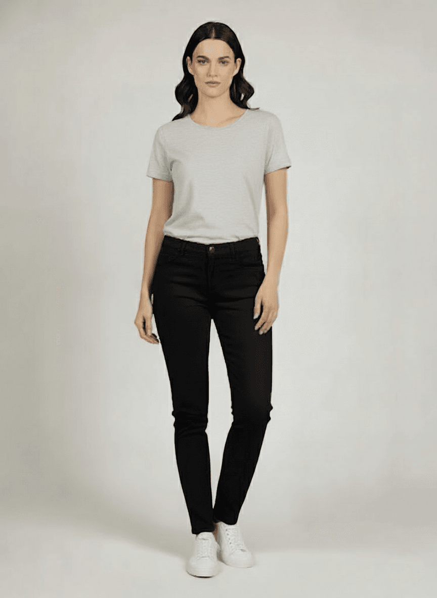 Ženske crne pantalone, uskog kroja. Moderne farmerke za žene.