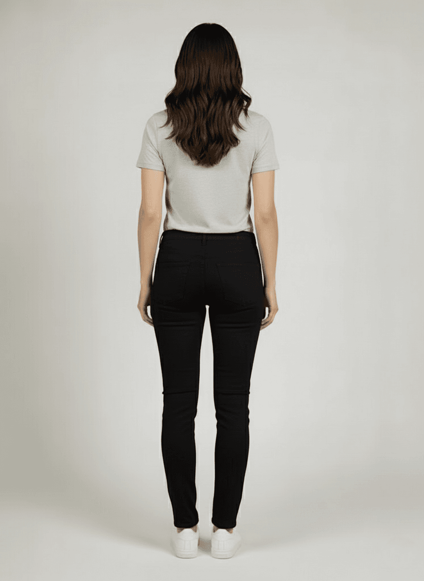 Ženske crne pantalone, uski teksas kroj. Leđa modela.