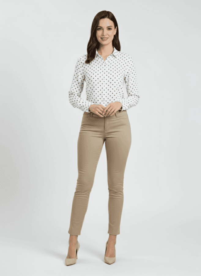Ženske bež pantalone od kepera na manakenki, dužina 7/8