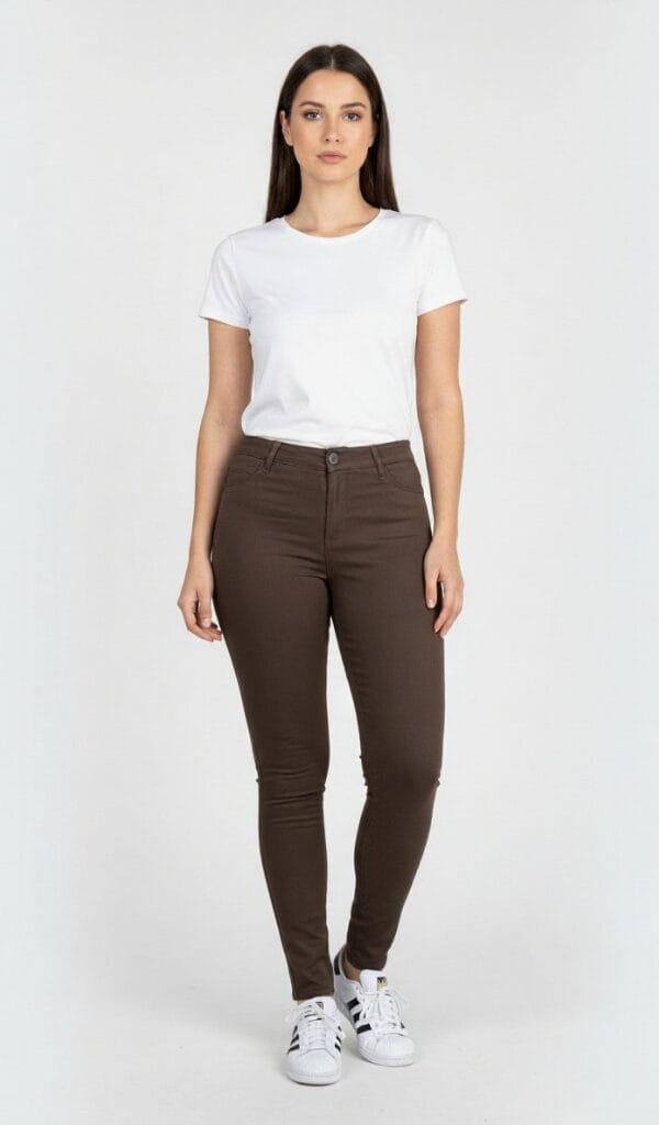 Braon ženske pantalone od kepera, slika na modelu