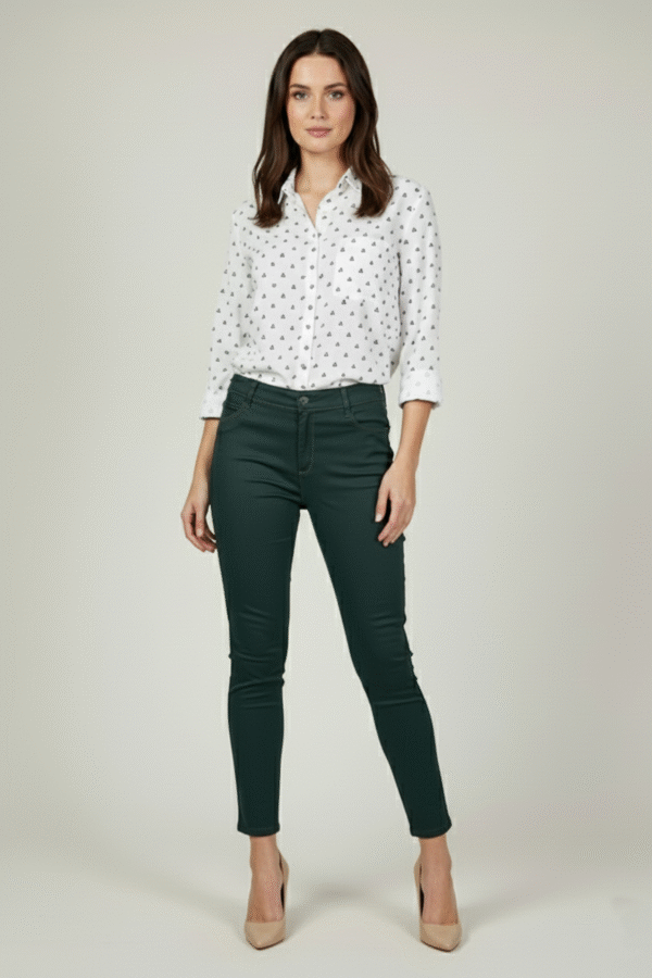 Ženske maslinasto zelene pantalone od kepera na manakenki, dužina 7/8