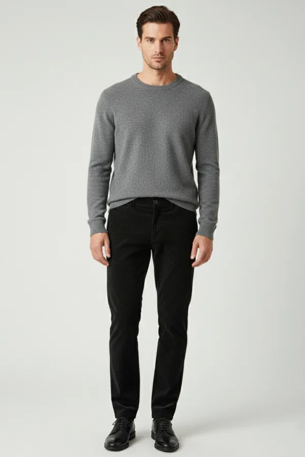 Muške crne pantalone od somota Muške crne pantalone od somota kosi džep, slika na manakenu