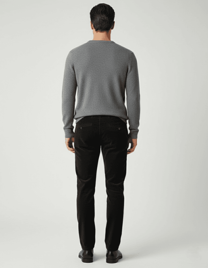 Elegantne muške crne pantalone od somota Muške crne pantalone od somota kosi džep, slika na manakenu od pozadi