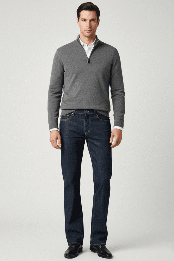 Muškarac u regular fit farmericama za visoke sa produženom nogavicom, tamni teksas. Muškarac u regular fit farmericama za visoke sa produženom nogavicom, tamni teksas.