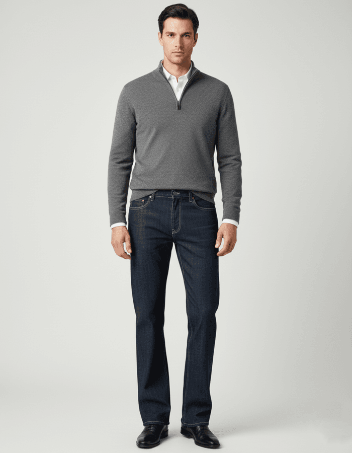 Muškarac u regular fit farmericama za visoke sa produženom nogavicom, tamni teksas. Muškarac u regular fit farmericama za visoke sa produženom nogavicom, tamni teksas.