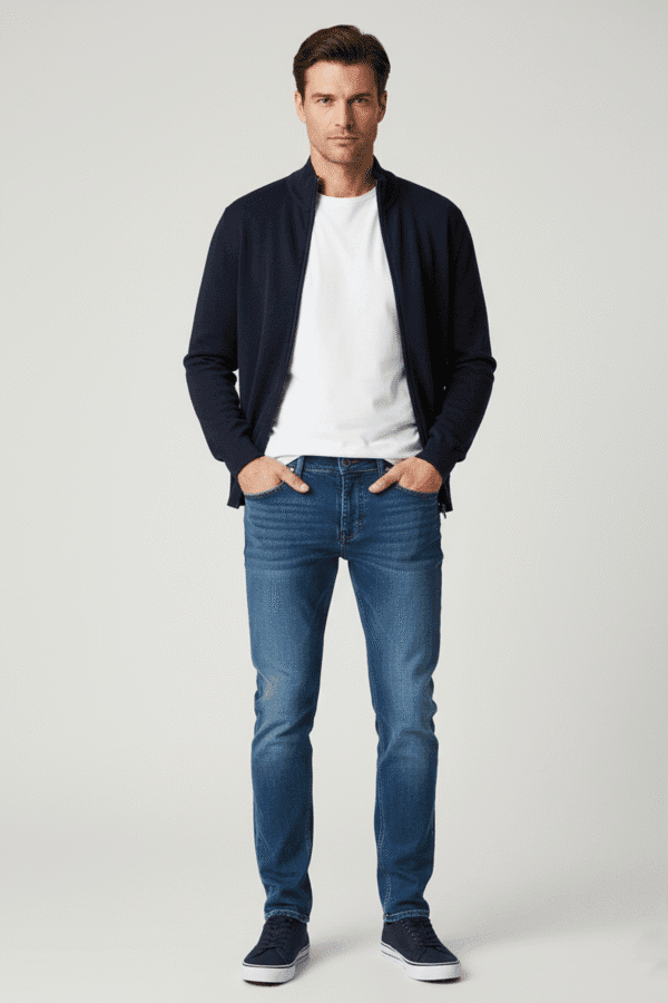 Muškarac u elegantnim muškim termo pantalonama za zimu, plave boje. Muškarac u elegantnim muškim termo pantalonama za zimu, plave boje.