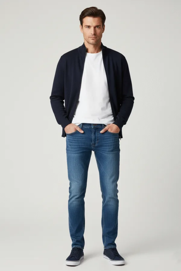 Muškarac u elegantnim muškim termo pantalonama za zimu, plave boje. Muškarac u elegantnim muškim termo pantalonama za zimu, plave boje.