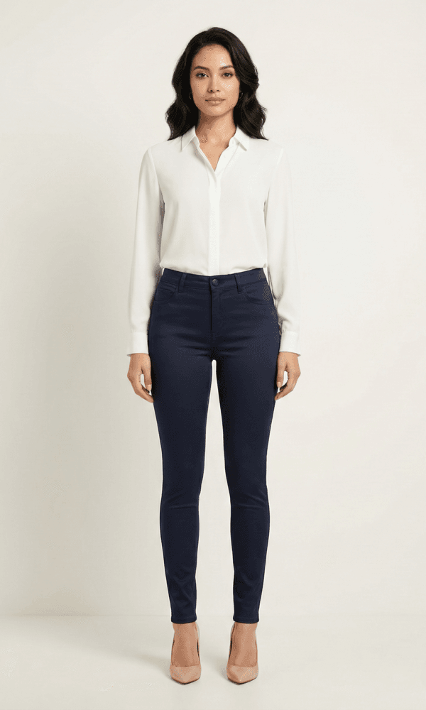 Teget ženske pantalone - model 186-30 Elegantne teget ženske pantalone, slim fit model za stilizovan izgled.