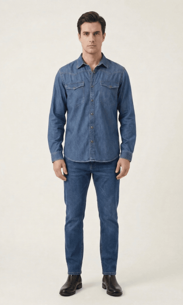 Muška teksas košulja klasičnog stila, plava, sa dva džepa i dugim rukavima. Idealna za opušten stil.