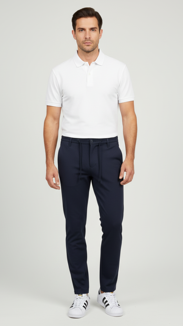 Teget rastegljive pantalone sa učkurom, model 213-5. Kvalitetne i udobne trenerke.