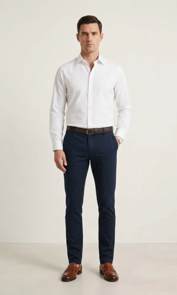 Elegantna bela muška košulja ELIT Muškarac nosi elegantnu belu blago strukiranu košulju marke ELIT u kombinaciji sa crnim pantalonama i braon kaišem. elegantna bela muška košulja.