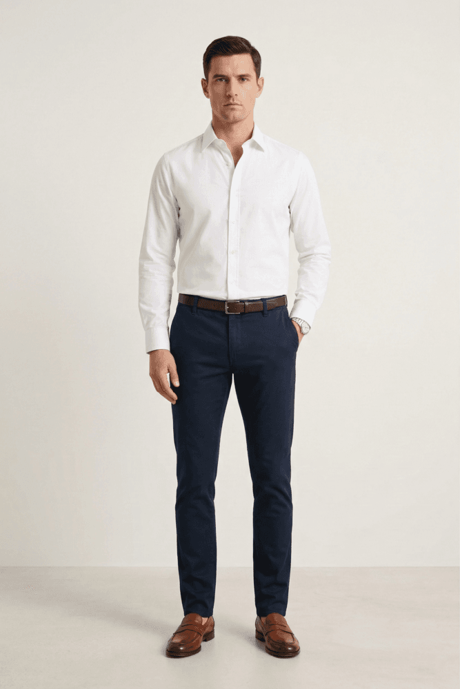 Muškarac nosi elegantnu belu blago strukiranu košulju marke ELIT u kombinaciji sa crnim pantalonama i braon kaišem. elegantna bela muška košulja.