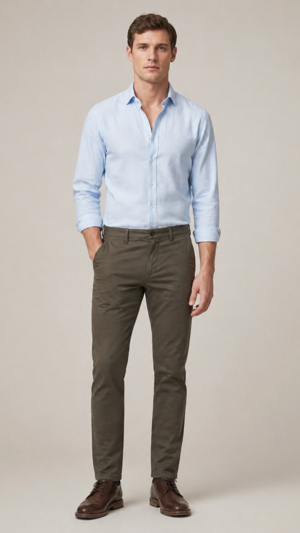 Letnje produžene muške pantalone maslinaste boje, idealne za visoke muškarce.