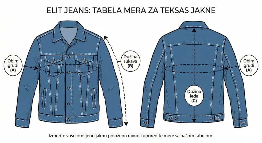 Tabela mera za teksas jakne Elit Jeans. Vodič za određivanje veličine jakne.