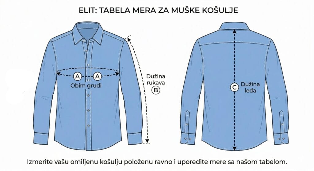 Tabela mera za muške košulje ELIT sa obimom grudi, dužinom rukava i leđa.