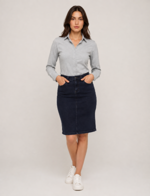 Elegantna crna suknja od teksasa visokog struka dužine 70cm za moderan ženski stil.