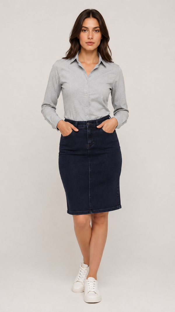 Elegantna crna suknja od teksasa visokog struka dužine 70cm za moderan ženski stil.